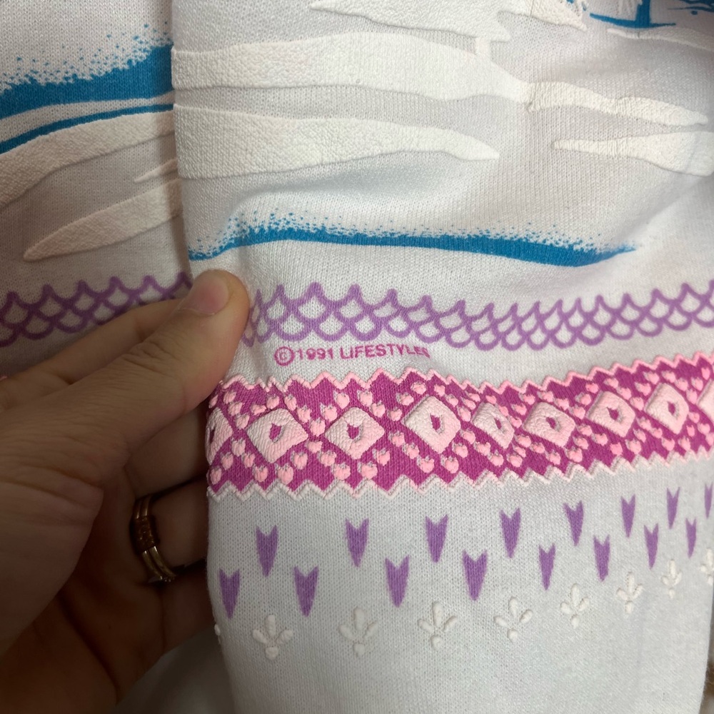 Vintage Snowy White and Pink Forest Print Sweatshirt - Picture 7 of 12